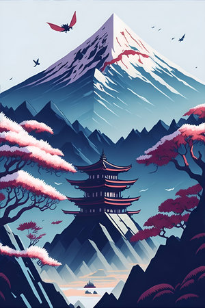 Japan fairy tale landscape. AI generated illustrationの素材