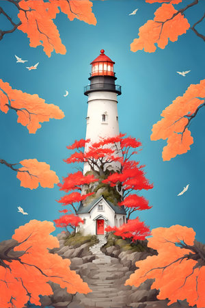 Beautiful landscape with Lighthouse. In Japan painting style. AI generated illustrationの素材