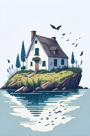 Fisherman house cartoon. AI generated illustrationの素材