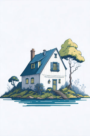 Fisherman house cartoon. AI generated illustrationの素材