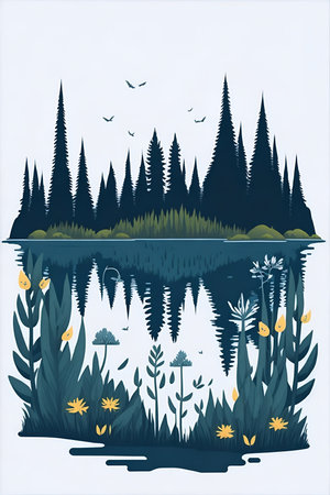 Fairy tale lake in the forest. AI generated illustrationの素材