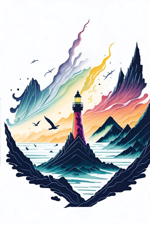 Cartoon lighthouse. AI generated illustrationの素材