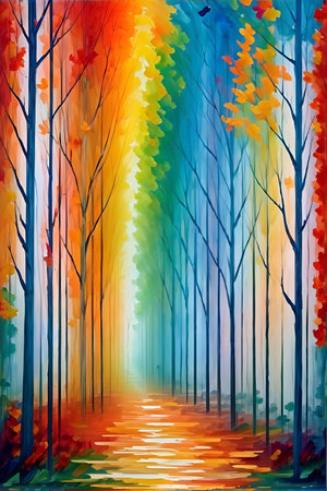 Painting of a row of colorful trees. AI generated illustrationの素材