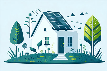 House with solar panels. AI generated illustrationの素材