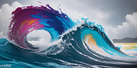 Colorful wave splash. Abstract paint. AI generated illustrationの素材