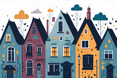 Color houses range. Cartoon style. AI generated illustrationの素材