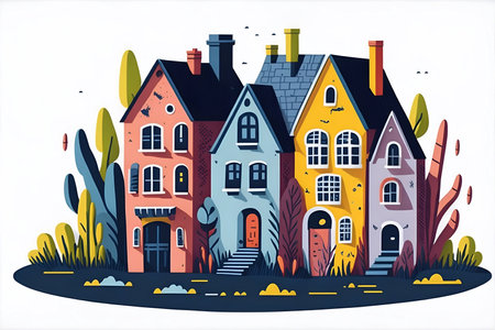 Color houses range. Cartoon style. AI generated illustrationの素材