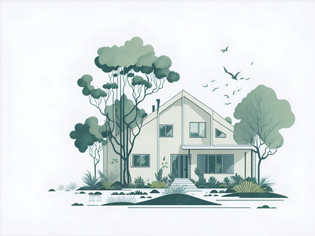 Beautiful house in natural environment drawing. AI generated illustrationの素材