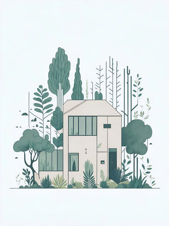 Beautiful house in natural environment drawing. AI generated illustrationの素材