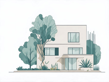 Beautiful house in natural environment drawing. AI generated illustrationの素材