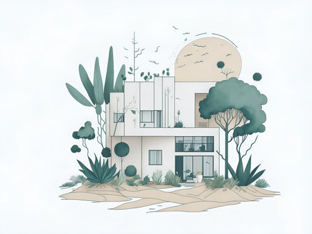 Beautiful house in natural environment drawing. AI generated illustrationの素材