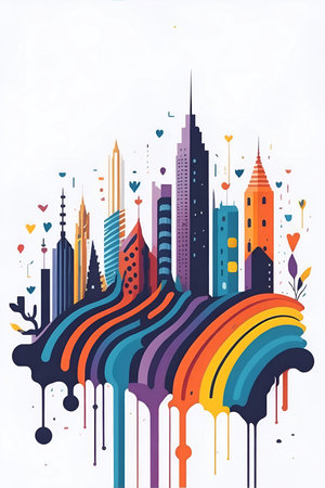 Modern city skyline. Cartoon style. AI generated illustrationの素材