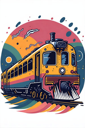 Cartoon train moving along city. AI generated illustrationの素材