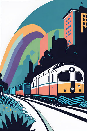 Cartoon train moving along city. AI generated illustrationの素材