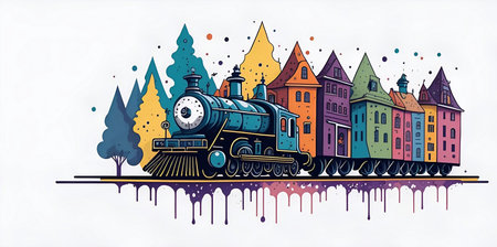 Cartoon train moving along city. AI generated illustrationの素材