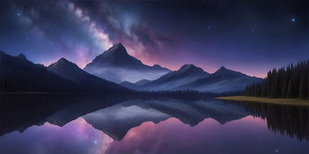 Highland landscape with night sky. AI generated illustrationの素材