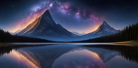 Highland landscape with night sky. AI generated illustrationの素材