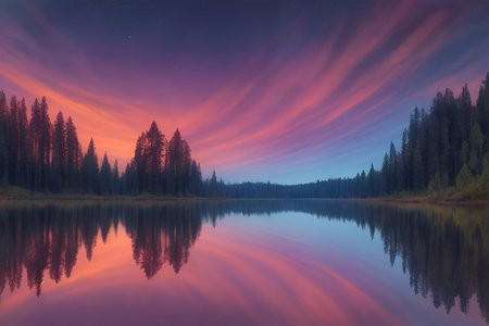 Deep forest landscape with specttrum burst sky. AI generated illustrationの素材