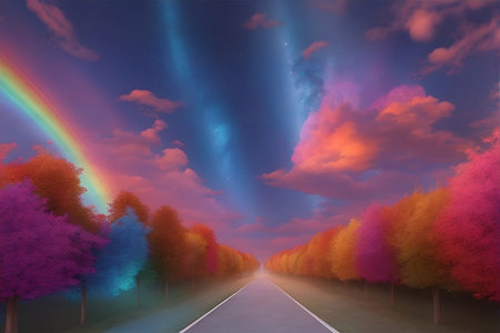 Landscape with specttrum burst sky. AI generated illustrationの素材