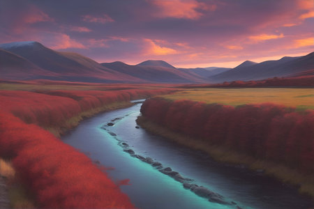 Beautiful landscape with rainbow river flow. AI generated illustrationの素材