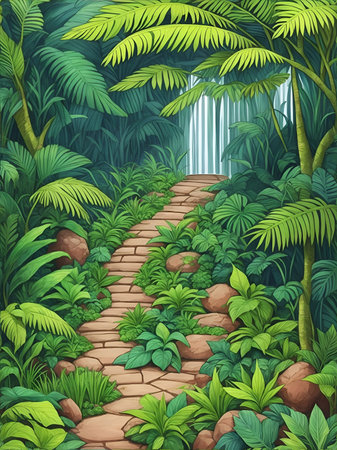 Jungle cartoon landscape. AI generated illustrationの素材