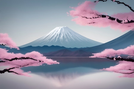 Highland lake. Mountains background. AI generated illustrationの素材