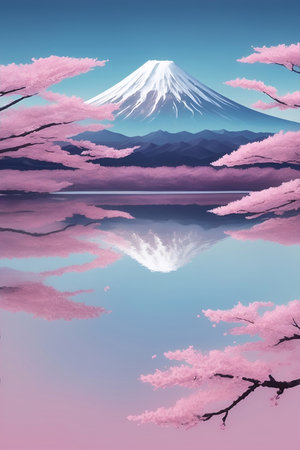 Highland lake. Mountains background. AI generated illustrationの素材