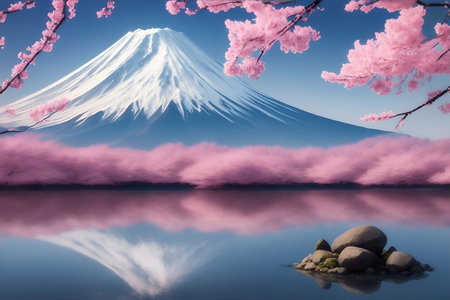 Highland lake. Mountains background. AI generated illustrationの素材