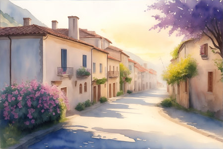 Watercolor pain of mediterranean old city street. AI generated illustrationの素材