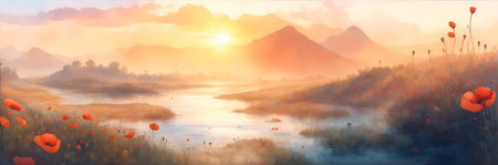 Beautiful watercolor londscape with Poppies flowers. AI generated illustrationの素材