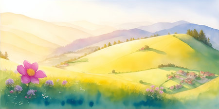 Beautiful landscape wit rolling hills. Watercolor. AI generated illustrationの素材