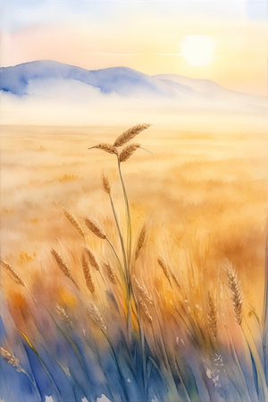 Beautiful wheat field. Watercolor landscape. AI generated illustrationの素材