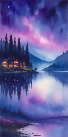 Beautiful highland lake with deep color sky. Watercolor landscape. AI generated illustrationの素材