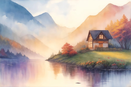 Highland lake. Fall landscape. Watercolor style. AI generated illustrationの素材