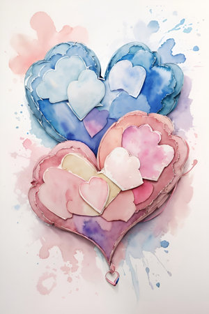 Watercolor hearts drawing. AI generated illustrationの素材