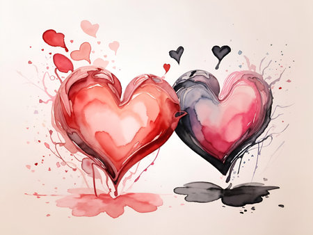 Watercolor hearts drawing. AI generated illustrationの素材