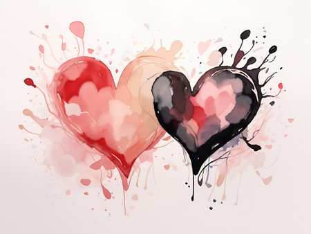 Watercolor hearts drawing. AI generated illustrationの素材
