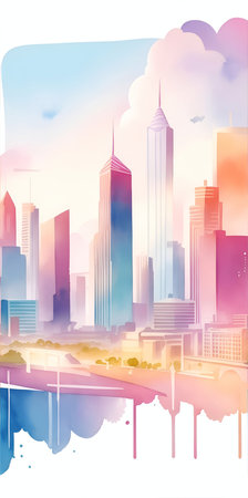 Watercolor Modern City silhouette. AI generated illustrationの素材