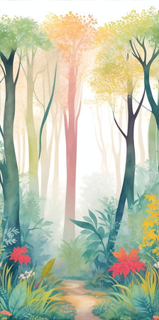 Beautiful watercolor paint of forest. AI generated illustrationの素材