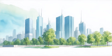 Beautiful park in the modern city. AI generated illustrationの素材