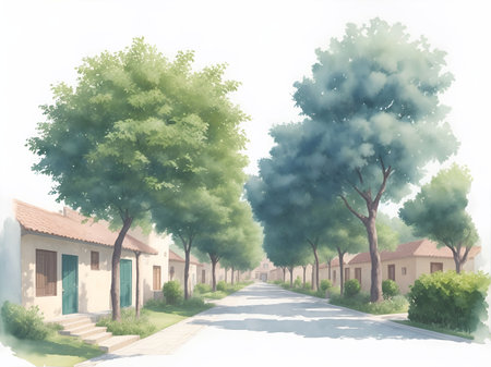 House with green trees. AI generated illustrationの素材
