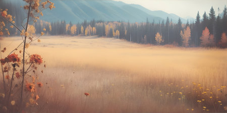 Beautiful vintage style meadow landscape. AI generated illustrationの素材