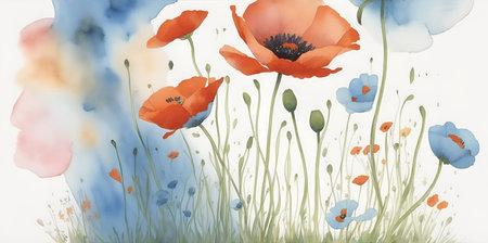 Wild spring flowers. Watercolor style. AI generated illustrationの素材