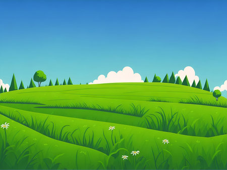 Green field landscape. AI generated illustrationの素材