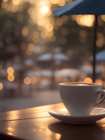 Cup of hot coffee in cafe at rainy weather. AI generated illustrationの素材