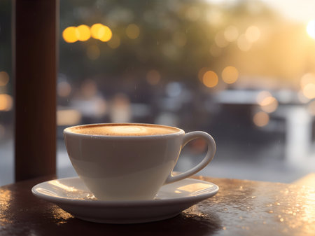 Cup of hot coffee in cafe at rainy weather. AI generated illustrationの素材