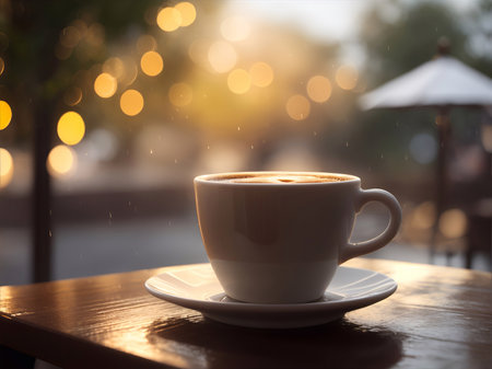 Cup of hot coffee in cafe at rainy weather. AI generated illustrationの素材