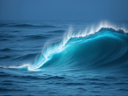 Big blue waves in ocean. AI generated illustrationの素材