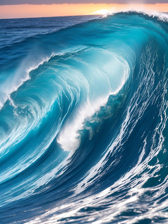 Big blue waves in ocean. AI generated illustrationの素材