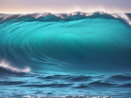 Big blue waves in ocean. AI generated illustrationの素材